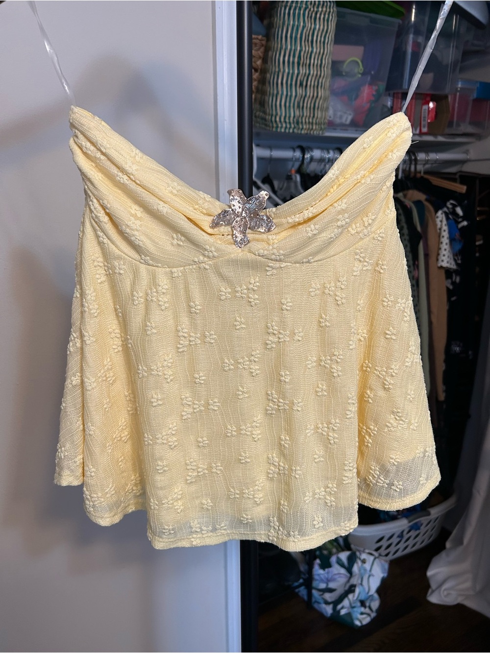 American Eagle Outfitters Pale Yellow Strapless Beaded Floral Camisole